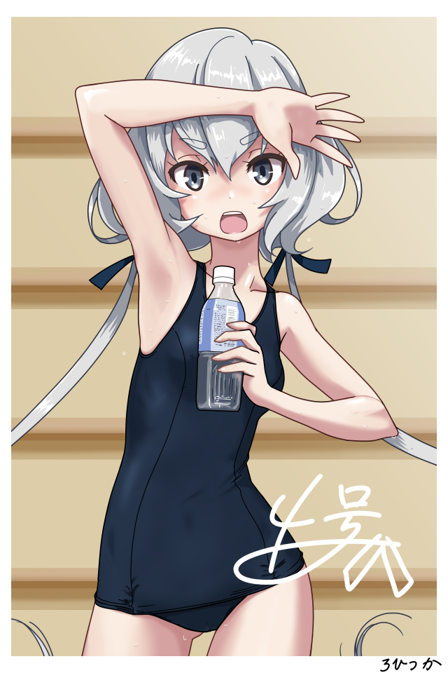 1girl arm_up bangs bare_arms bare_shoulders blue_swimsuit bottle collarbone commentary_request cowboy_shot eyebrows_visible_through_hair gluteal_fold hair_between_eyes holding holding_bottle konno_junko long_hair low_twintails old_school_swimsuit one-piece_swimsuit rohitsuka school_swimsuit short_eyebrows signature silver_hair solo standing sweat swimsuit thick_eyebrows twintails very_long_hair water_bottle zombie_land_saga