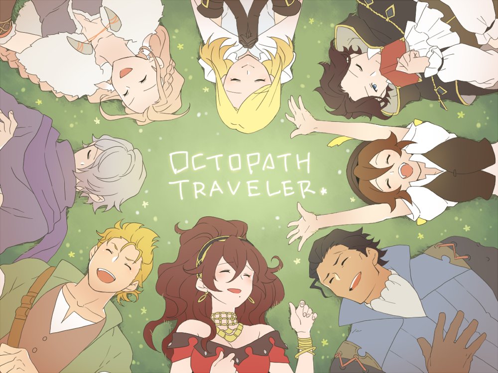 alfyn_(octopath_traveler) blonde_hair blush bracelet braided_ponytail brown_hair cloak cyrus_(octopath_traveler) dancer dress esaka field fringe_trim fur_trim gloves h'aanit_(octopath_traveler) hair_over_one_eye hat jewelry long_hair multiple_boys multiple_girls necklace octopath_traveler olberic_eisenberg open_mouth ophilia_(octopath_traveler) ponytail primrose_azelhart scar scarf short_hair smile therion_(octopath_traveler) tressa_(octopath_traveler) white_hair