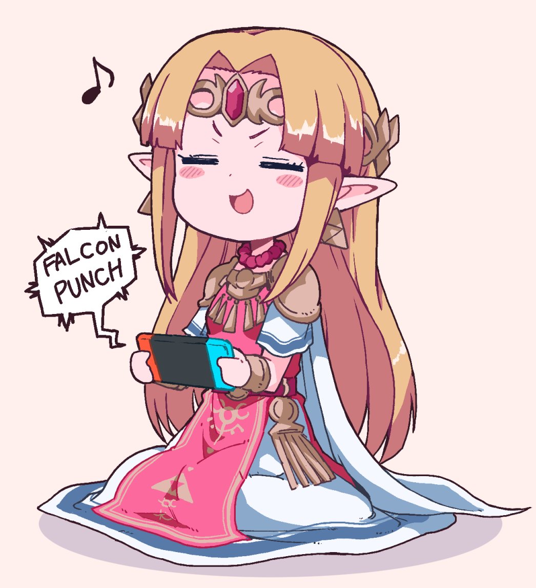 1girl blonde_hair blush chibi closed_eyes controller dress earrings f-zero game_console game_controller hair_ornament handheld_game_console jewelry joy-con long_hair nazonazo_(nazonazot) nintendo nintendo_switch open_mouth playing_games pointy_ears princess_zelda simple_background sitting smile solo super_smash_bros. super_smash_bros._ultimate the_legend_of_zelda the_legend_of_zelda:_a_link_between_worlds tiara triforce