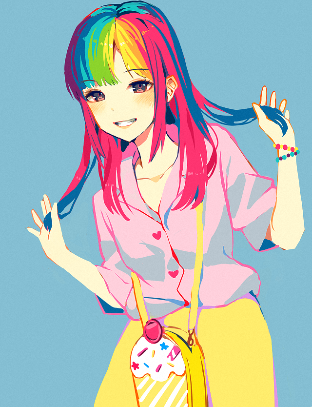 1girl :d bangs blue_background blush bracelet commentary english_commentary eyebrows_visible_through_hair hands_up heart jewelry long_hair looking_at_viewer multicolored_hair open_mouth original pink_shirt rainbow_hair red_eyes satchely shirt short_sleeves simple_background skirt smile solo standing yellow_skirt