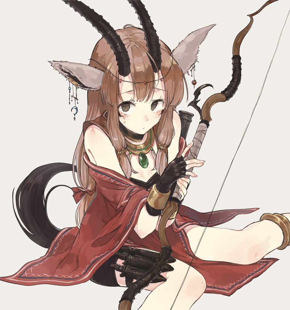 1girl animal_ears black_gloves blush bow bow_(weapon) brown_hair buruma commentary earrings feet_out_of_frame fingerless_gloves gazelle_ears gazelle_horns gazelle_tail gloves grey_background hisona_(suaritesumi) holding holding_bow_(weapon) holding_weapon holster horns jewelry knife long_hair looking_at_viewer necklace off_shoulder original sidelocks simple_background sitting solo tareme thigh_holster wariza weapon wrist_cuffs