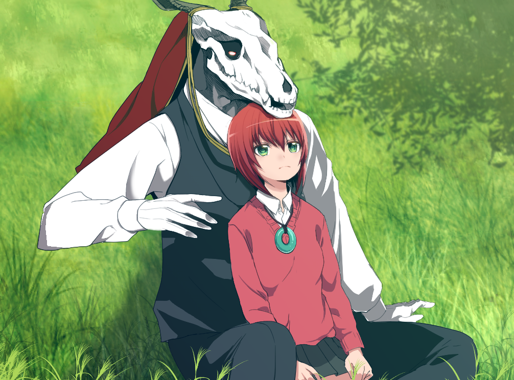 1boy 1girl black_pants day ellias_ainsworth green_eyes hair_between_eyes hatori_chise head_on_head jewelry long_sleeves mahou_tsukai_no_yome miniskirt necklace outdoors pants pickerrrrrr pleated_skirt red_sweater redhead shirt short_hair sitting skirt skull sweater white_shirt