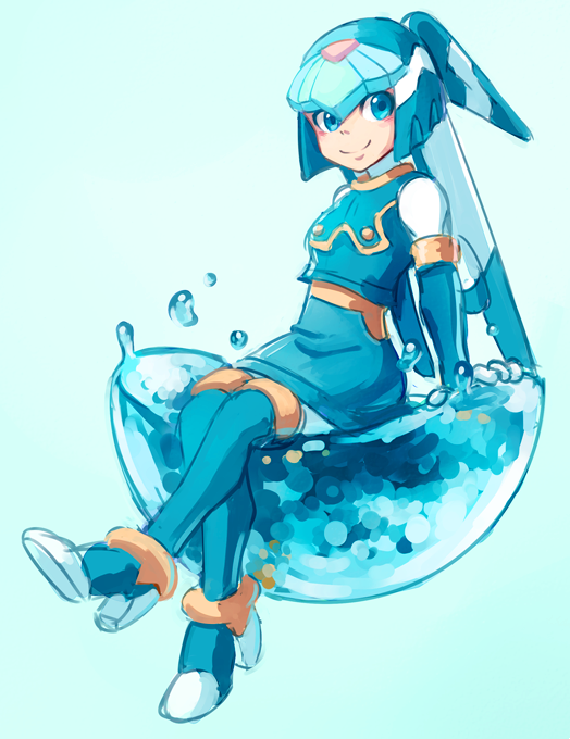 1girl android arm_support blue_background blue_eyes blush full_body gradient gradient_background helmet high_heels knees_together_feet_apart leviathan_(rockman) looking_at_viewer rockman rockman_zero simple_background sitting skirt smile solo tentokki water