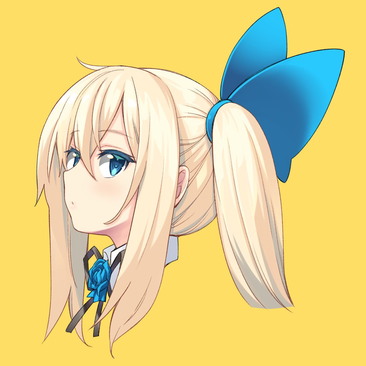 1girl ahoge akino_sora black_neckwear black_ribbon blonde_hair blue_bow blue_eyes blue_flower blue_rose bow closed_mouth commentary_request flower from_side hair_bow highres long_hair looking_at_viewer looking_to_the_side mirai_akari mirai_akari_project neck_ribbon portrait ribbon rose side_ponytail solo wing_collar
