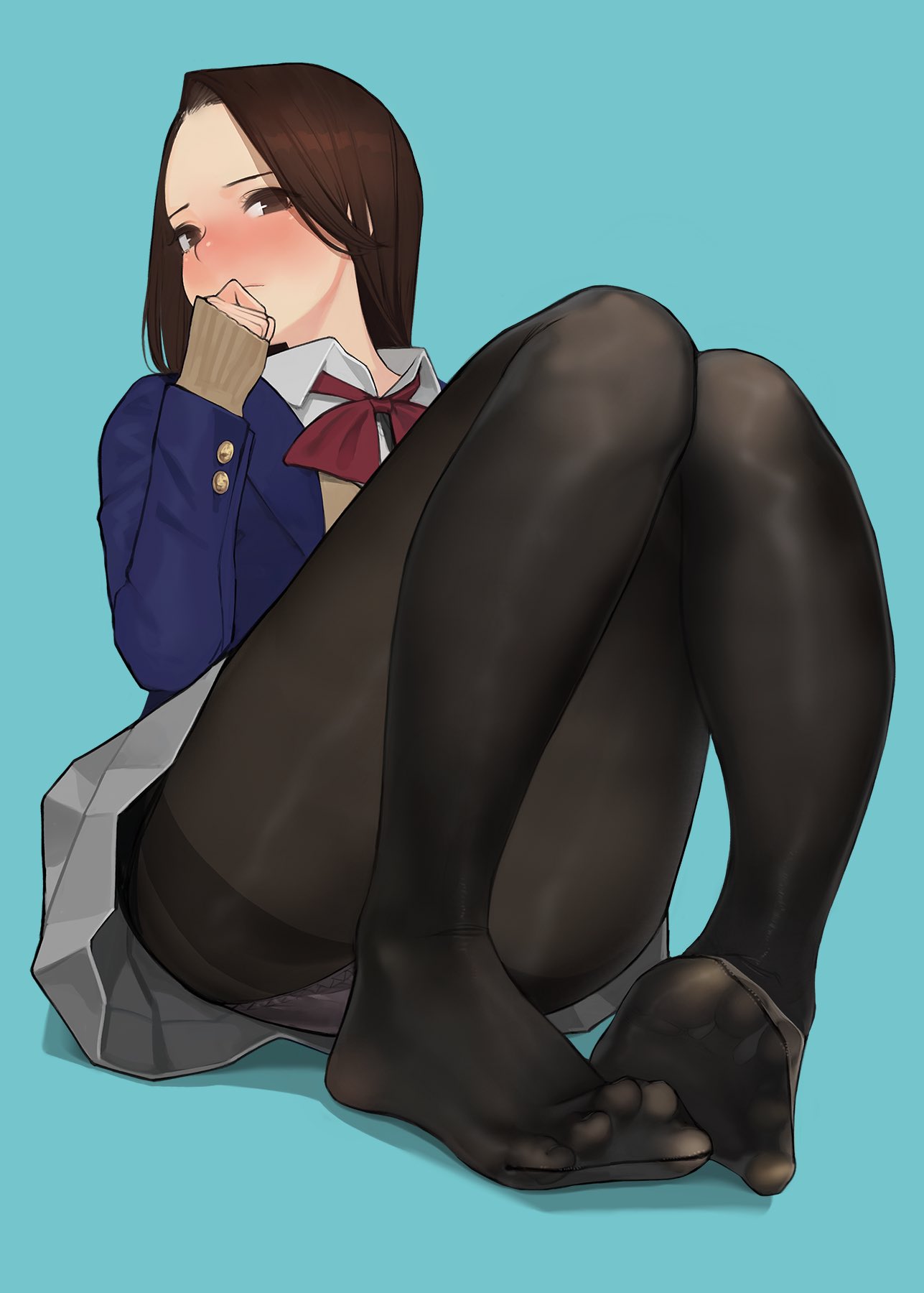 1girl blue_background blush brown_eyes brown_hair commentary feet highres long_hair looking_at_viewer no_shoes original panties pantyhose school_uniform simple_background skirt solo thighs toes underwear white_panties yomu_(sgt_epper)