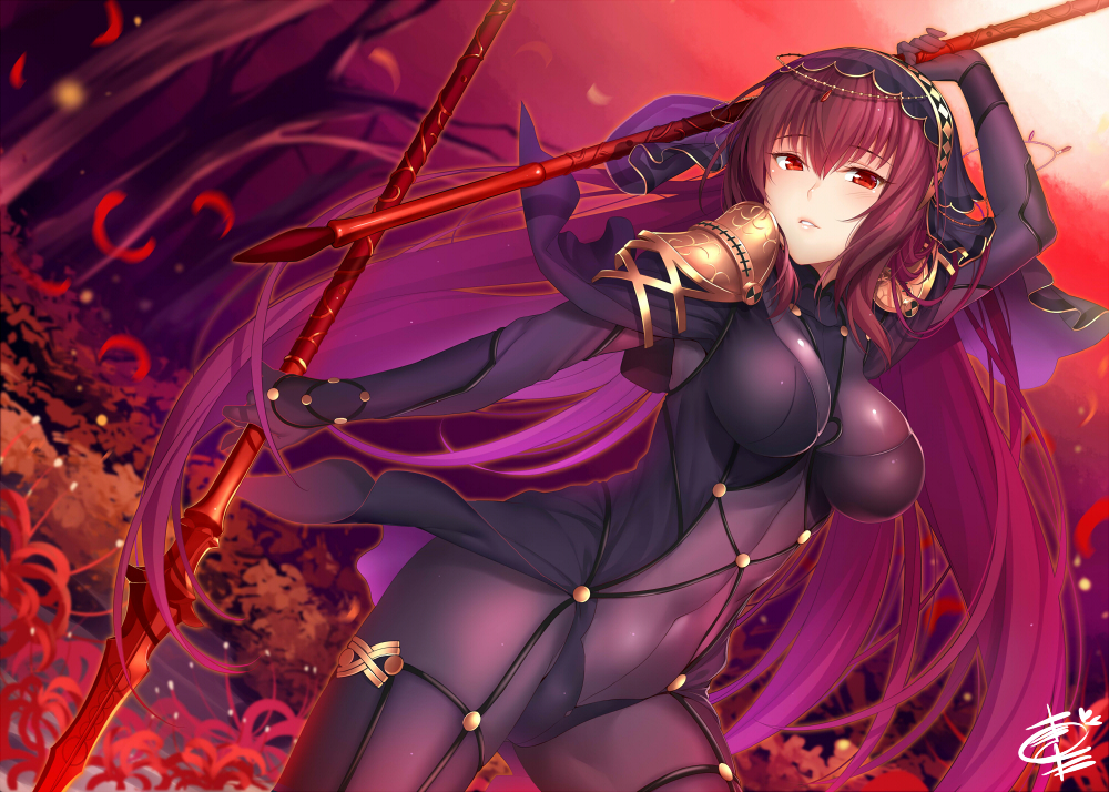 1girl bangs blush bodysuit breasts covered_navel fate/grand_order fate_(series) gae_bolg hair_between_eyes hair_intakes holding holding_weapon large_breasts long_hair looking_at_viewer okitakung pauldrons polearm purple_bodysuit purple_hair red_eyes scathach_(fate)_(all) scathach_(fate/grand_order) shoulder_armor solo spear veil weapon