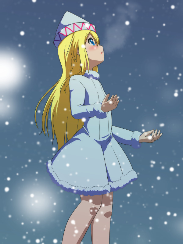 1girl alternate_costume blonde_hair blue_eyes blush cato_(monocatienus) coat commentary_request fur-trimmed_coat fur-trimmed_sleeves fur_trim hat lily_white long_hair looking_away looking_up profile snow snowing solo touhou winter_clothes winter_coat
