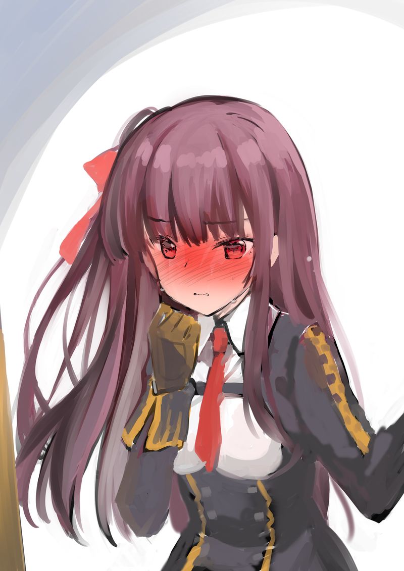 1girl black_jacket blush bow closed_mouth collared_shirt commentary_request eyebrows_visible_through_hair flustered full-face_blush girls_frontline gloves hair_bow hand_up jacket long_hair looking_at_viewer necktie one_side_up purple_hair red_bow red_eyes red_neckwear rei_(rei's_room) shirt sketch solo sweatdrop wa2000_(girls_frontline) white_shirt wing_collar