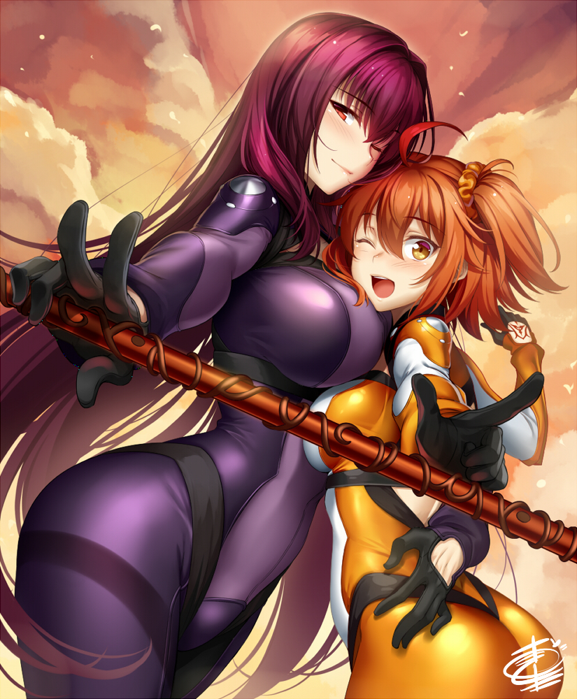 2girls ;d ahoge arm_around_waist ass asymmetrical_docking blush bodysuit breast_press breasts chaldea_combat_uniform commentary covered_navel eyebrows_visible_through_hair fate/grand_order fate_(series) fujimaru_ritsuka_(female) gae_bolg hair_ornament hair_scrunchie hand_on_another's_hip hips holding holding_weapon large_breasts long_hair medium_breasts multiple_girls okitakung one_eye_closed one_side_up open_mouth orange_bodysuit orange_eyes orange_hair polearm purple_bodysuit purple_hair red_eyes scathach_(fate)_(all) scathach_(fate/grand_order) scrunchie short_hair side_ponytail smile spear thighs weapon