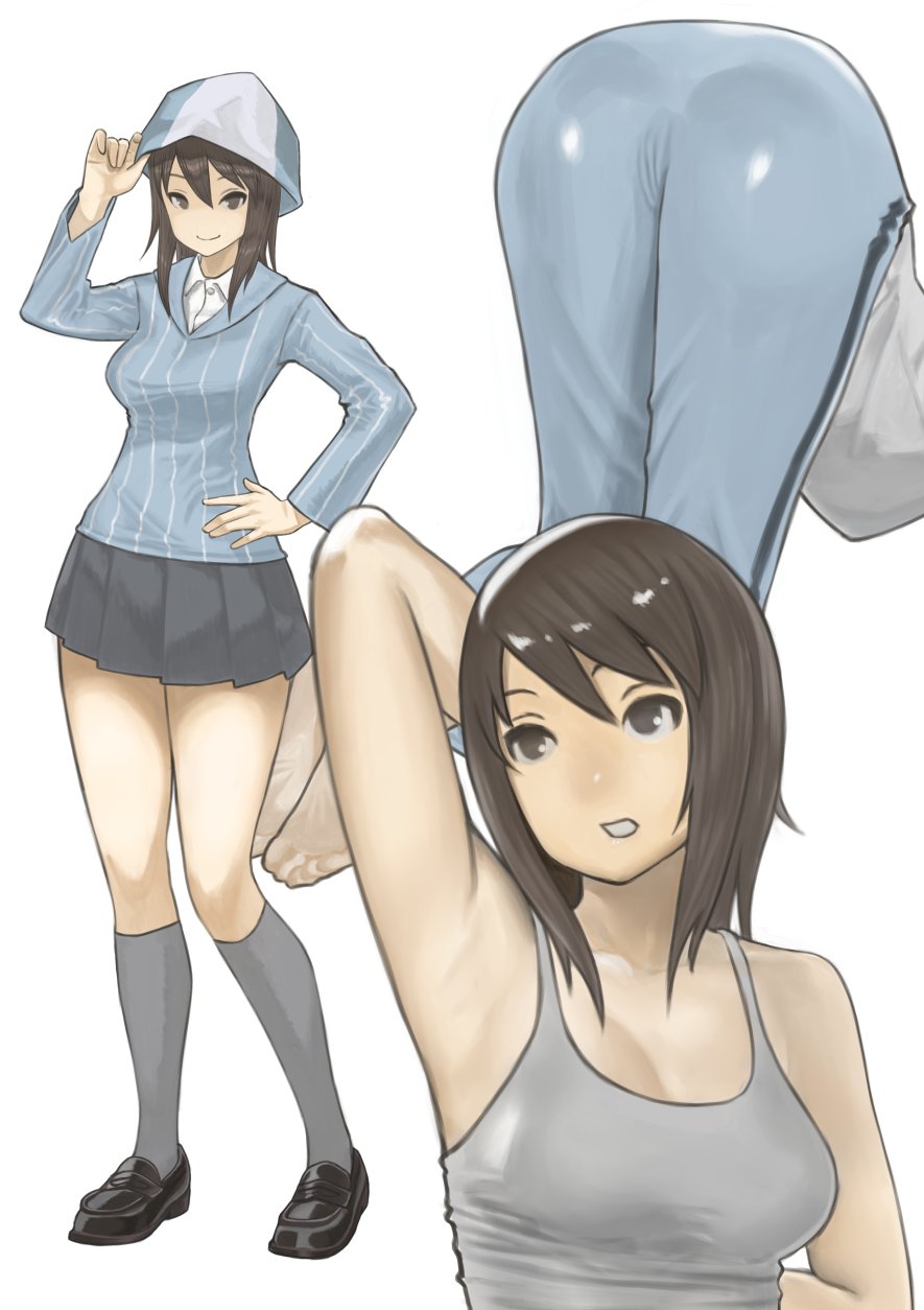 1girl adjusting_headwear arm_behind_back arm_behind_head arm_up armpits ass bangs barefoot bent_over blue_footwear blue_hat blue_pants blue_shirt brown_eyes brown_hair closed_mouth commentary dress_shirt girls_und_panzer grey_legwear grey_skirt gym_uniform hand_on_hip hat highres keizoku_school_uniform kneehighs loafers long_hair long_sleeves looking_back mika_(girls_und_panzer) miniskirt open_mouth pants pleated_skirt school_uniform shirt shoes simple_background single_vertical_stripe skirt smile solo standing striped striped_shirt tank_top track_pants vertical-striped_shirt vertical_stripes white_background white_shirt wing_collar yamano_rita