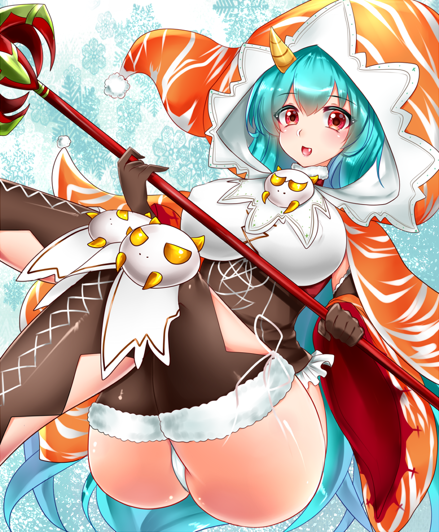1girl :d ao_(ao_10bx) aqua_hair ass blue_background breasts brown_gloves brown_legwear cropped_legs detached_sleeves fang flower_knight_girl gloves holding holding_staff hood horn large_breasts oniyuri_(flower_knight_girl) open_mouth orange_sleeves panties red_eyes shiny shiny_skin short_hair smile snowflakes solo staff thigh-highs underwear white_panties