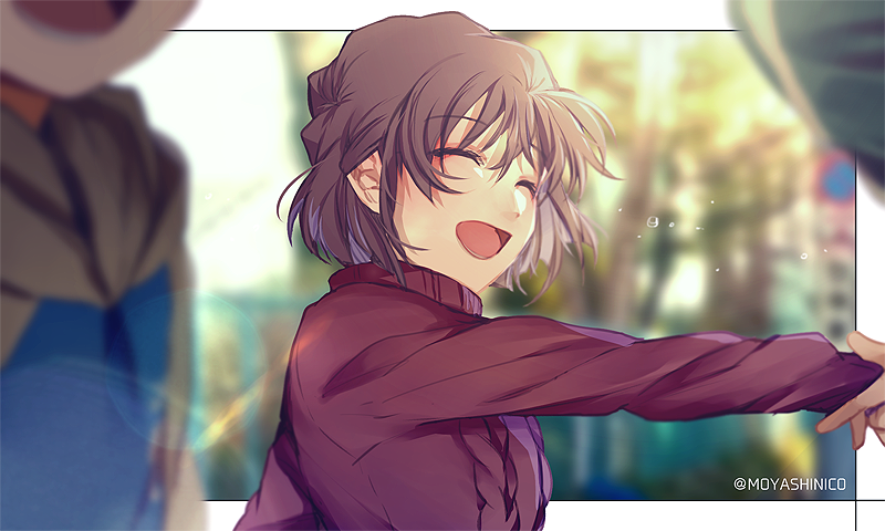 1boy 1girl :d blurry blurry_background blurry_foreground brown_hair closed_eyes haibara_ai lens_flare long_sleeves meitantei_conan monicanc open_mouth outstretched_arm red_sweater short_hair smile sweater twitter_username