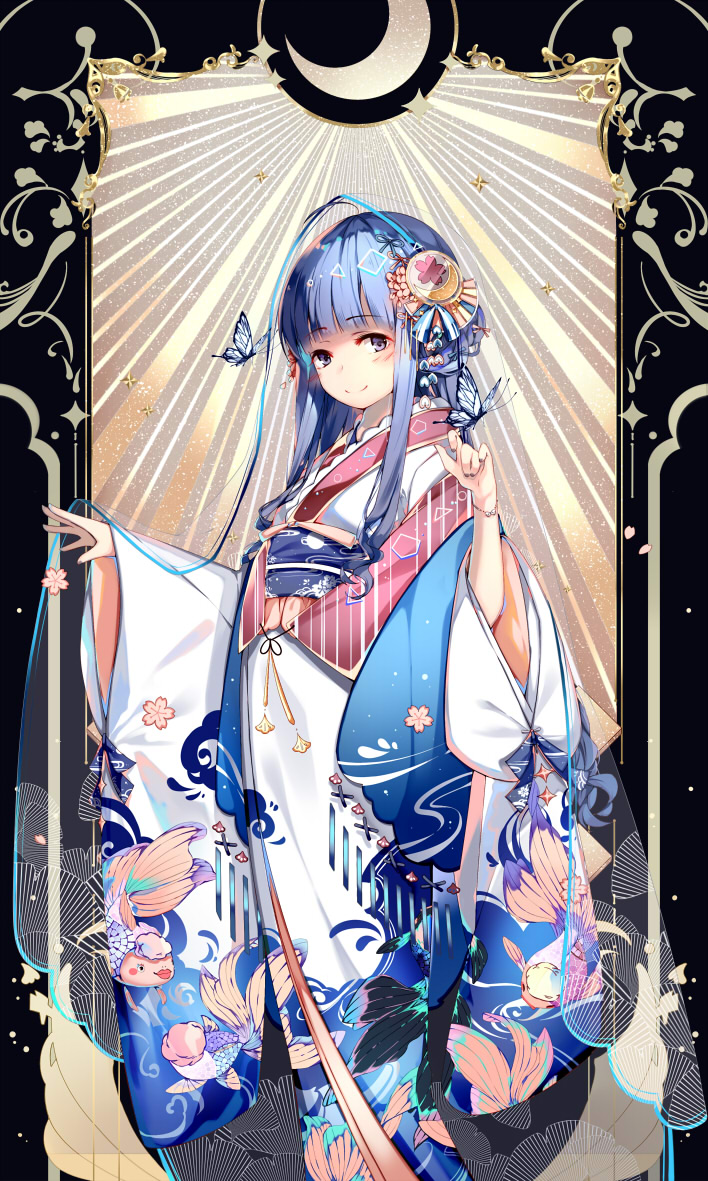 1girl animal animal_print bangs blue_hair blue_kimono blush butterfly_on_finger butterfly_on_hand card_captor_sakura closed_mouth crescent daidouji_tomoyo eyebrows_visible_through_hair fingernails fish_print goldfish_print grey_nails hair_ornament hands_up head_tilt japanese_clothes kimono long_hair long_sleeves multicolored multicolored_clothes multicolored_kimono nail_polish print_kimono sleeves_past_wrists smile solo violet_eyes white_kimono wide_sleeves zhen_panxie