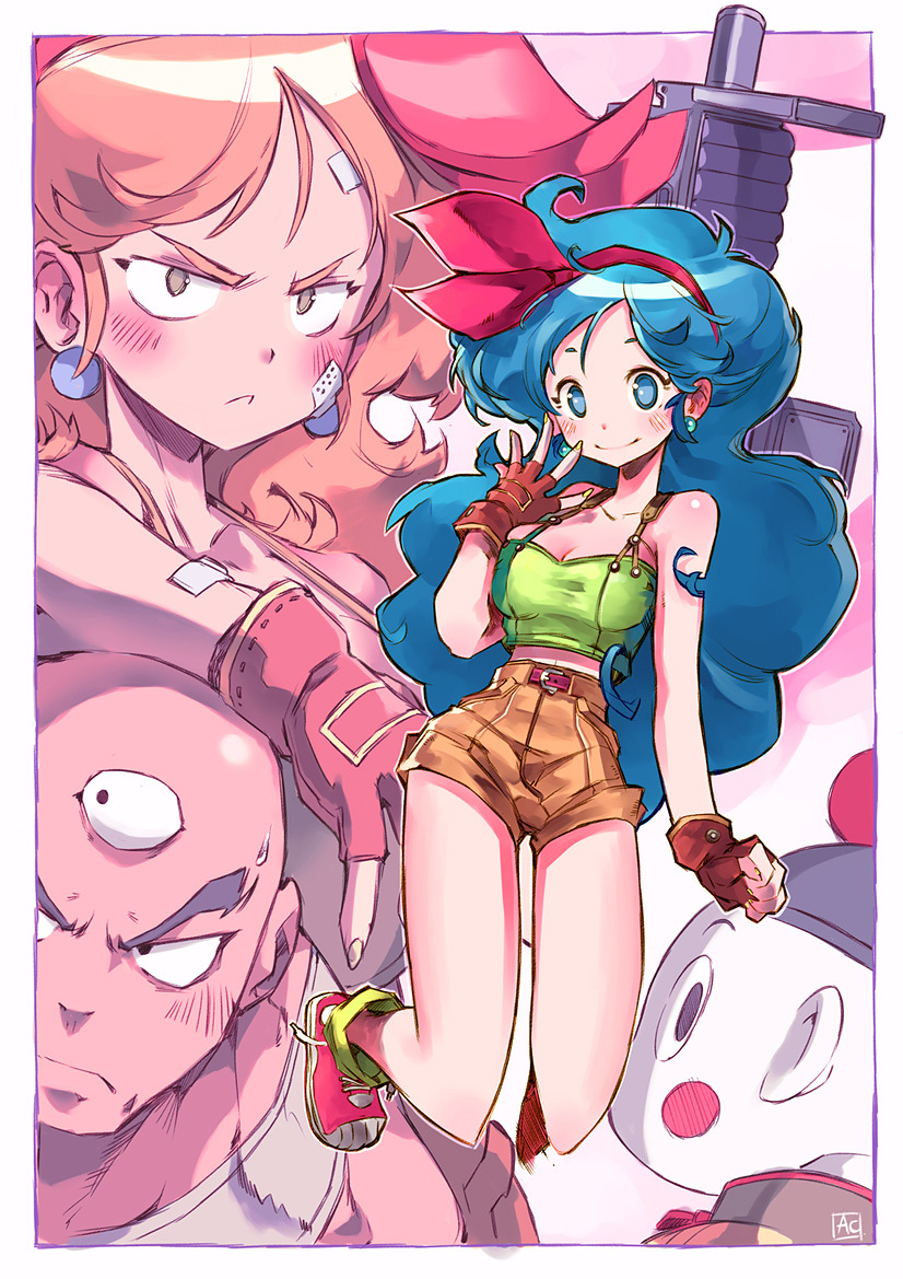 1girl 2boys :&lt; andrea_cofrancesco bald bandaid bandaid_on_face big_hair blue_eyes blue_hair blush blush_stickers breasts brown_eyes brown_hair chaozu cleavage dragon_ball dragon_ball_(classic) dual_persona fingerless_gloves gloves gun hairband hat inset jumping large_breasts long_hair loose_socks lunch_(dragon_ball) multiple_boys shoes shorts sneakers solo_focus strap_gap submachine_gun suspenders sweatdrop tenshinhan third_eye weapon white_skin