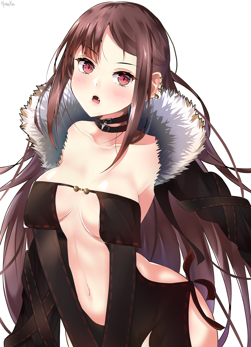 1girl :o bangs breasts brown_hair center_opening choker consort_yu_(fate) fang fate/grand_order fate_(series) fur_collar highres himexin large_breasts long_hair looking_at_viewer navel open_mouth red_eyes sidelocks signature simple_background solo white_background