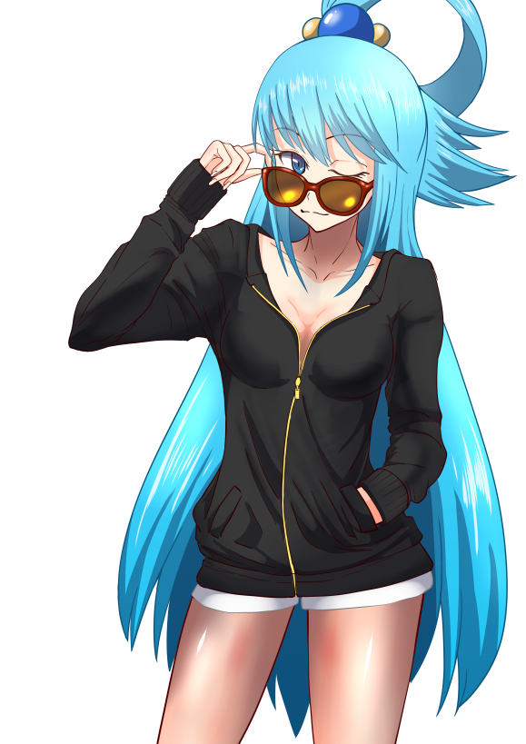 1girl ami_(judasprest) aqua_(konosuba) black_sweater blue_eyes blue_hair breasts cleavage collarbone cowboy_shot hair_ornament hand_in_pocket kono_subarashii_sekai_ni_shukufuku_wo! long_hair looking_at_viewer looking_over_eyewear medium_breasts one_eye_closed red-framed_eyewear short_shorts shorts simple_background smile solo standing sunglasses sweater tied_hair very_long_hair white_background white_shorts yellow-tinted_eyewear