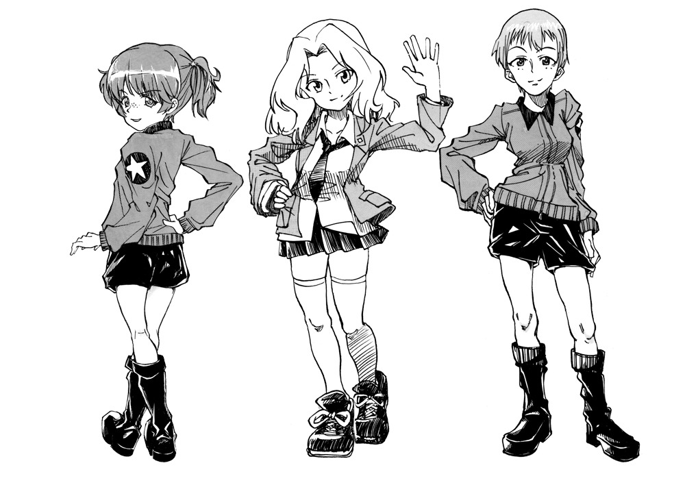 3girls alisa_(girls_und_panzer) blazer blouse boots collared_blouse commentary contrapposto cross-laced_footwear emblem freckles from_behind girls_und_panzer greyscale grin hair_intakes hair_ornament hand_on_hip head_tilt jacket kay_(girls_und_panzer) long_hair long_sleeves looking_at_viewer looking_back military military_uniform miniskirt mituki_(mitukiiro) monochrome multiple_girls naomi_(girls_und_panzer) necktie open_clothes open_jacket pleated_skirt saunders_military_uniform saunders_school_uniform school_uniform shoes short_hair short_shorts short_twintails shorts skirt sleeves_rolled_up smile sneakers star star_hair_ornament thigh-highs twintails uniform very_short_hair waving zettai_ryouiki