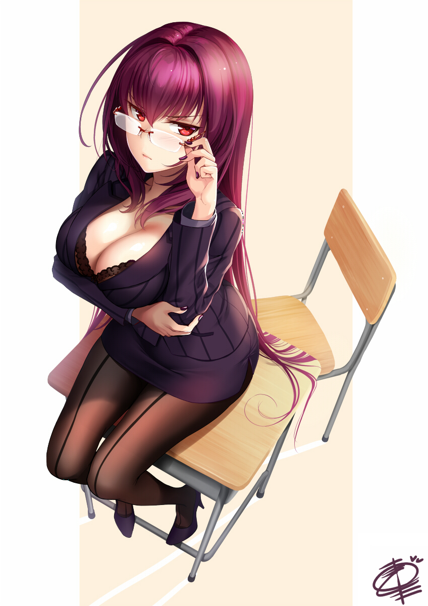 1girl adjusting_eyewear bangs bra breasts cleavage commentary eyewear_pull fate/grand_order fate_(series) formal frown gae_bolg glaring glasses highres large_breasts long_hair long_sleeves looking_at_viewer nail_polish office_lady okitakung pinstripe_suit purple_hair red_eyes rimless_eyewear scathach_(fate)_(all) scathach_(fate/grand_order) solo striped suit underwear white_background