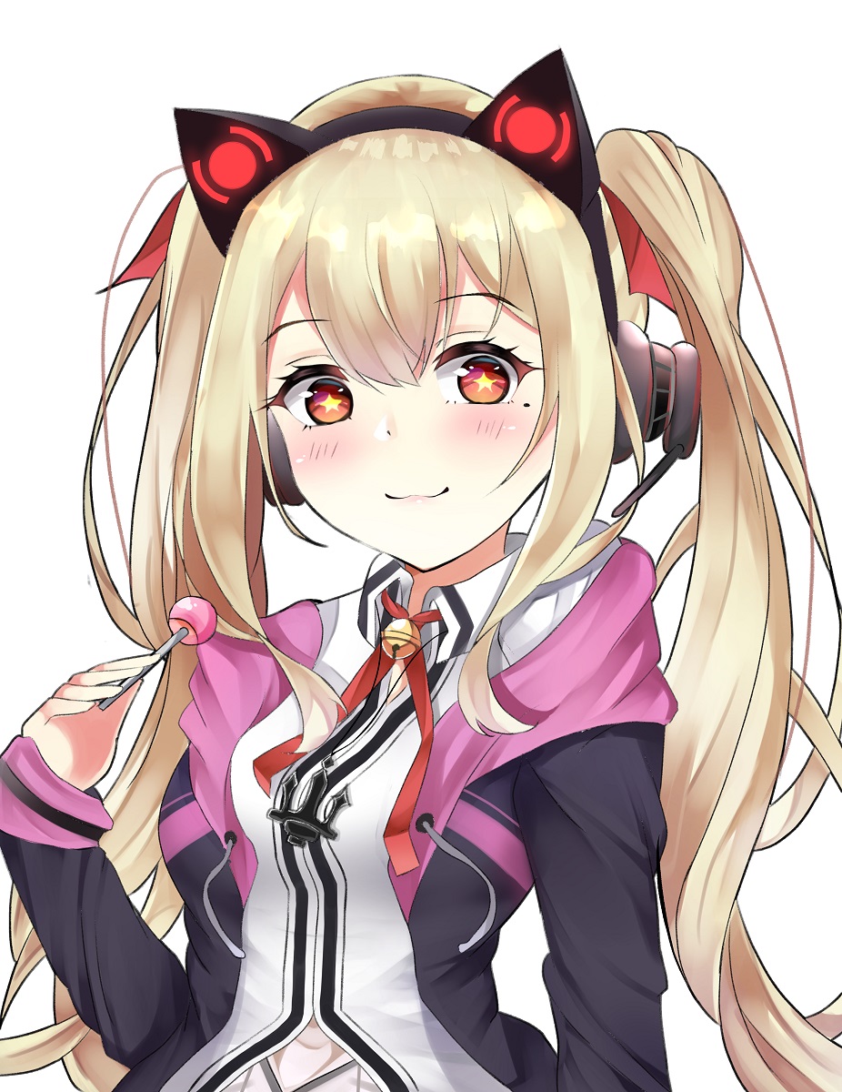 1girl :3 anchor_necklace animal_ears azur_lane bangs bell black_jacket blonde_hair blush breasts candy closed_mouth collared_shirt commentary_request concord_(azur_lane) drawstring fake_animal_ears food hand_up headphones highres himexin holding_lollipop jacket jingle_bell lollipop long_hair long_sleeves looking_at_viewer medium_breasts mole mole_under_eye neck_ribbon open_clothes open_jacket red_eyes red_neckwear ribbon shirt sidelocks simple_background sleeves_past_wrists solo star star-shaped_pupils symbol-shaped_pupils twintails upper_body white_background white_shirt