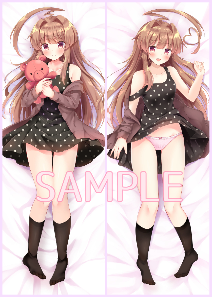 1girl ahoge bangs bare_shoulders bed_sheet black_dress blush bow bow_panties breasts brown_eyes brown_hair closed_mouth commentary_request dakimakura dress eyebrows_visible_through_hair full_body groin hair_between_eyes highres holding huge_ahoge jacket kantai_collection kuma_(kantai_collection) long_hair long_sleeves looking_at_viewer lying masayo_(gin_no_ame) multiple_views on_back open_mouth panties pink_panties sample simple_background sleeveless sleeveless_dress smile socks solo stuffed_animal stuffed_toy teddy_bear underwear very_long_hair