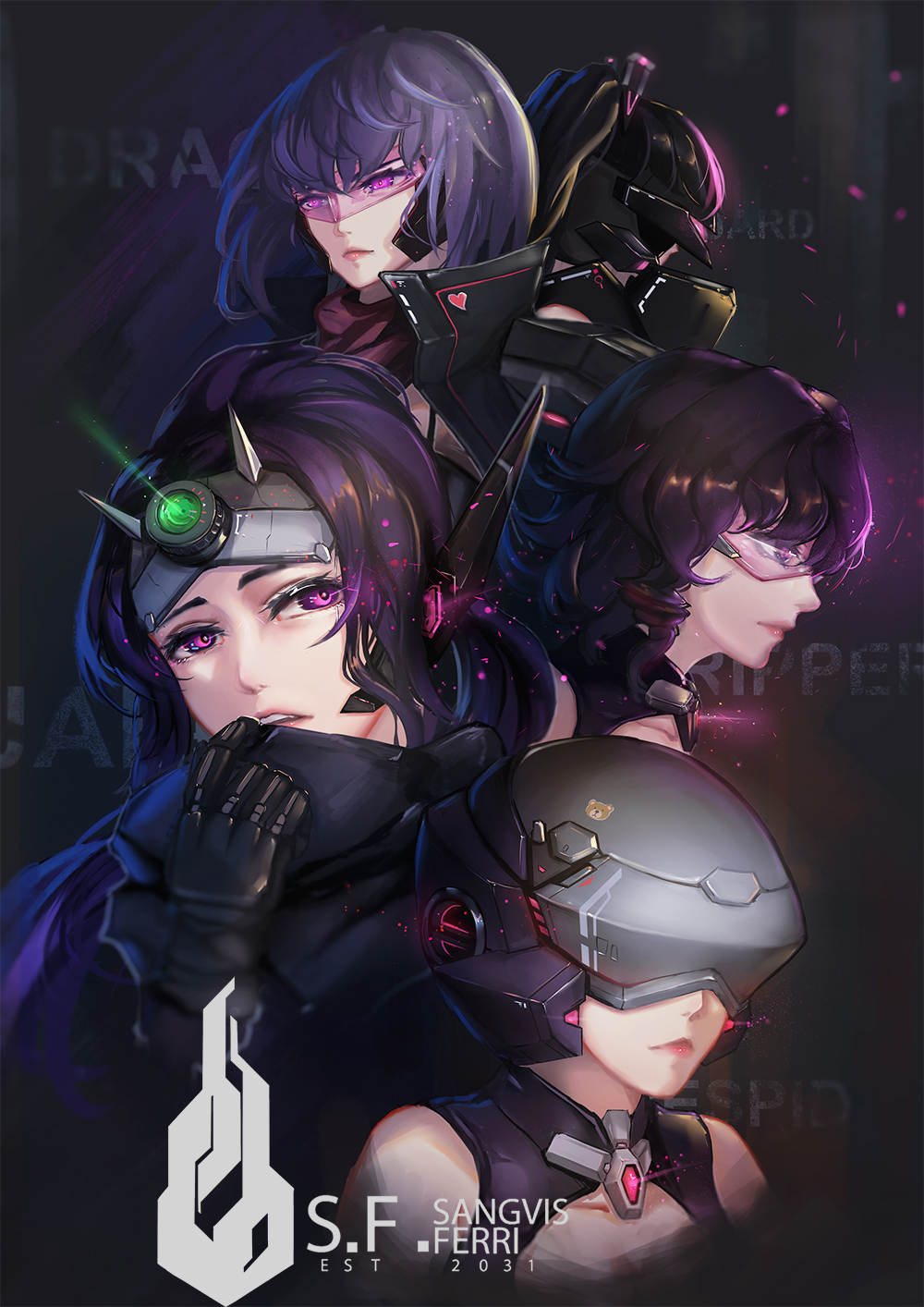 5girls android back-to-back breasts character_name cleavage commentary_request dragoon_(girls_frontline) eyebrows girls_frontline goggles guard_(girls_frontline) helmet highres jaeger_(girls_frontline) lips multiple_girls ponytail purple_hair ripper_(girls_frontline) sangvis_ferri science_fiction vespid_(girls_frontline) violet_eyes xyufsky