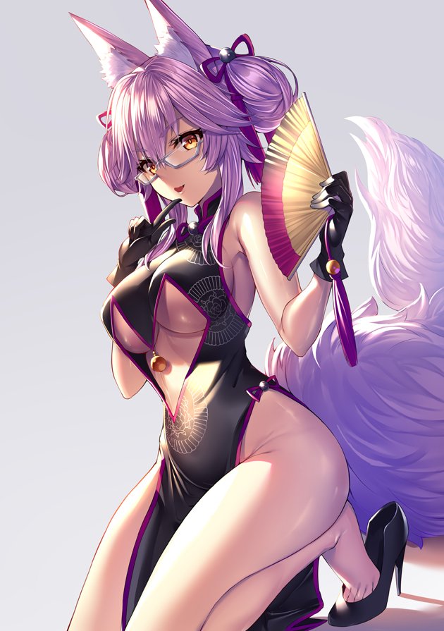 1girl animal_ear_fluff animal_ears arm_support armpit_crease bare_shoulders bell black_dress black_footwear breasts center_opening china_dress chinese_clothes dress dutch_angle earrings fan fate/grand_order fate_(series) folding_fan glasses gloves gradient gradient_background groin hair_ornament hair_ribbon heirou high_heels holding holding_fan jewelry jingle_bell kneeling koyanskaya large_breasts long_hair looking_at_viewer mouth_hold one_eye_closed open_mouth pelvic_curtain pink_hair pointing pointing_at_self purple-framed_eyewear purple_ribbon ribbon semi-rimless_eyewear shiny shiny_skin simple_background smile solo tail tassel thighs under_boob very_long_hair yellow_eyes