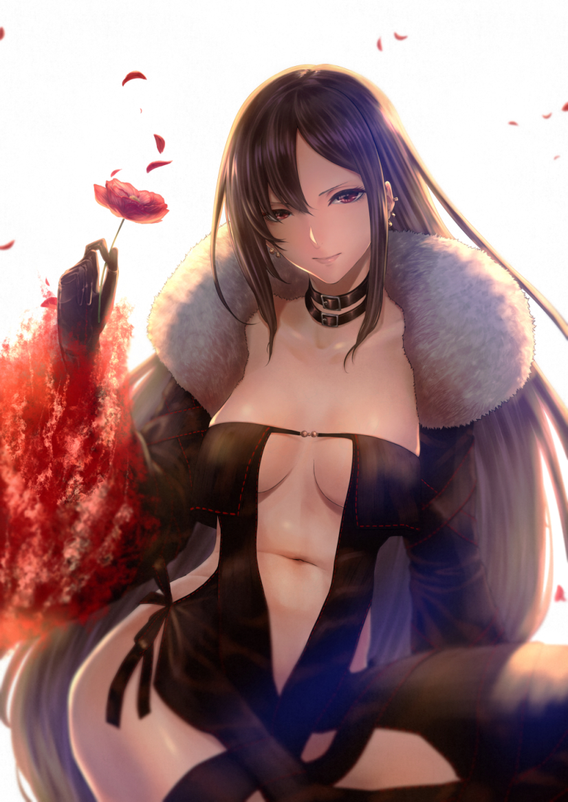 1girl bangs black_choker black_dress breasts brown_hair center_opening choker collarbone commentary_request consort_yu_(fate) dress earrings fate/grand_order fate_(series) flower fur-trimmed_jacket fur_collar fur_trim holding holding_flower jacket jewelry leather_choker long_hair looking_at_viewer medium_breasts mugetsu2501 multiple_earrings navel petals red_eyes sidelocks simple_background sitting solo very_long_hair white_background