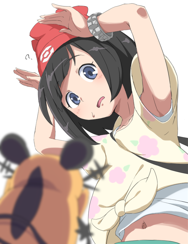 1girl ? armpits beanie black_hair blue_eyes blush bubukka creatures_(company) dedenne eyebrows_visible_through_hair game_freak gen_6_pokemon hat looking_at_viewer midriff mizuki_(pokemon) navel nintendo pokemon pokemon_(creature) pokemon_(game) pokemon_sm red_hat short_hair short_sleeves simple_background white_background