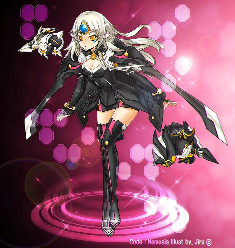 1girl armor armored_dress black_dress black_footwear boots breasts character_name cleavage cleavage_cutout code:_nemesis_(elsword) dress elsword eve_(elsword) floating_hair full_body headpiece leaning_forward long_hair long_sleeves medium_breasts parted_lips ruzi short_dress silver_hair solo sparkle standing thigh-highs thigh_boots yellow_eyes zettai_ryouiki