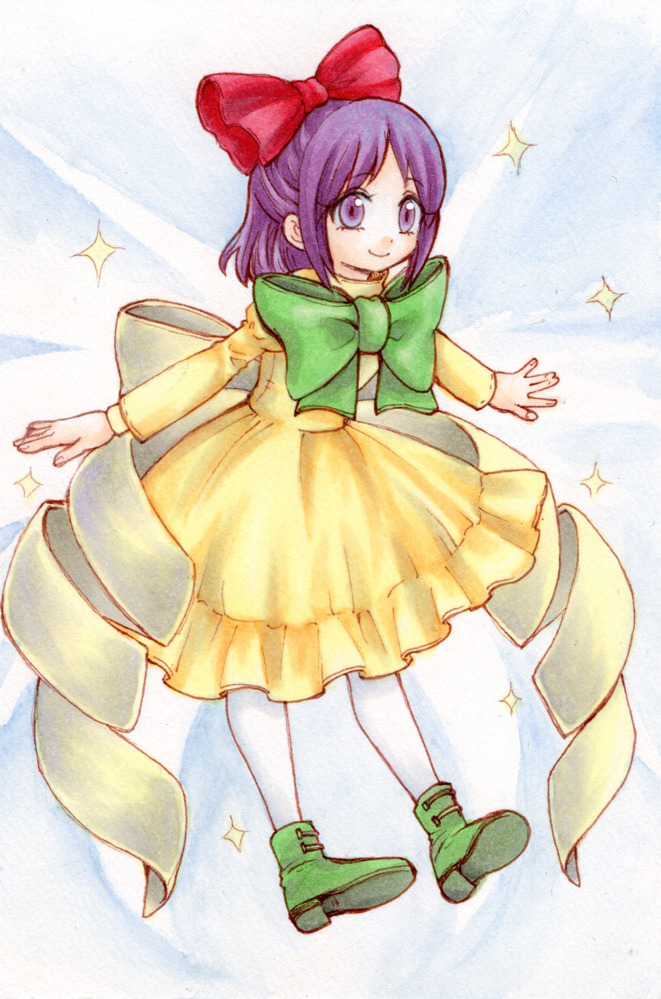 1girl bow dress dress_bow fairy fairy_wings full_body green_bow green_footwear hair_bow highres io_(maryann_blue) long_sleeves looking_at_viewer pantyhose purple_hair red_bow rengeteki short_hair smile solo sparkle touhou touhou_(pc-98) violet_eyes white_legwear white_wings wings yellow_bow yellow_dress