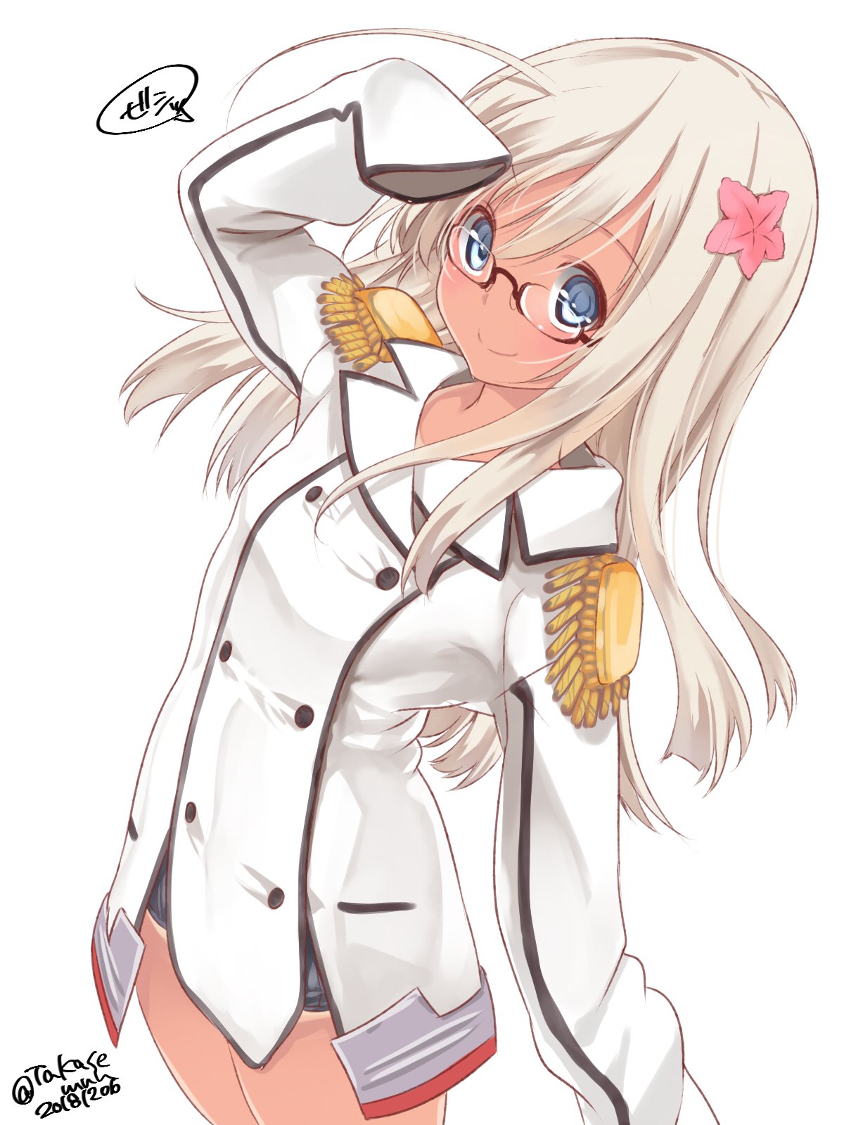 1girl bespectacled black_swimsuit blonde_hair blue_eyes commentary_request cosplay cowboy_shot dated epaulettes glasses highres kantai_collection katori_(kantai_collection) katori_(kantai_collection)_(cosplay) long_hair looking_at_viewer military military_uniform ro-500_(kantai_collection) salute school_swimsuit simple_background sleeves_past_fingers sleeves_past_wrists solo standing swimsuit swimsuit_under_clothes takase_muu twitter_username uniform white_background