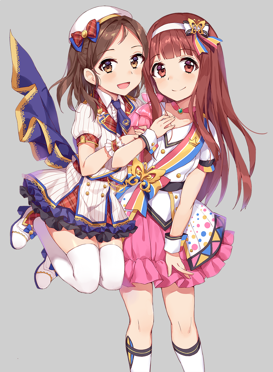 2girls :d ayase_honoka bangs beret blue_bow blue_neckwear blush bow brown_eyes brown_hair center_frills chobi_(penguin_paradise) closed_mouth collared_shirt commentary_request crown_print eyebrows_visible_through_hair forehead frills grey_background hair_bow hairband hat head_tilt high_heels highres idolmaster idolmaster_million_live! idolmaster_million_live!_theater_days jacket long_hair looking_at_viewer multiple_girls open_mouth parted_bangs pink_skirt plaid plaid_bow pleated_skirt print_neckwear puffy_short_sleeves puffy_sleeves red_bow shirt shoes short_sleeves simple_background skirt smile standing striped tanaka_kotoha thigh-highs vertical-striped_jacket vertical-striped_skirt vertical_stripes very_long_hair white_footwear white_hairband white_hat white_jacket white_legwear white_shirt white_skirt wrist_cuffs