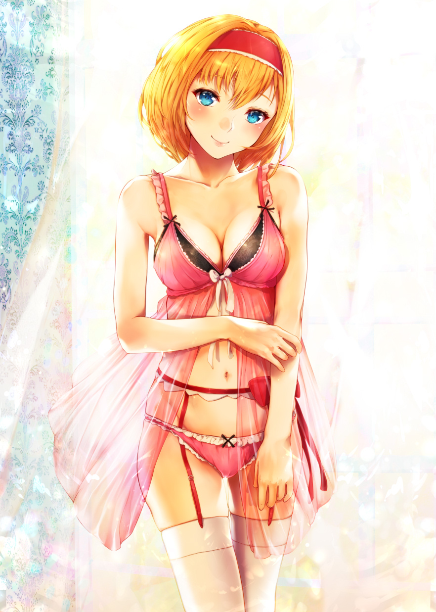 1girl alice_margatroid babydoll bangs bare_arms bare_shoulders black_bra blonde_hair blue_eyes blush bow bra breasts cleavage collarbone commentary_request cowboy_shot curtains eyebrows_visible_through_hair garter_belt hair_between_eyes hairband head_tilt highres large_breasts lingerie looking_at_viewer mayonaka_taruho navel panties pink_panties red_hairband see-through short_hair smile solo standing stomach thigh-highs thighs touhou underwear underwear_only white_bow white_legwear