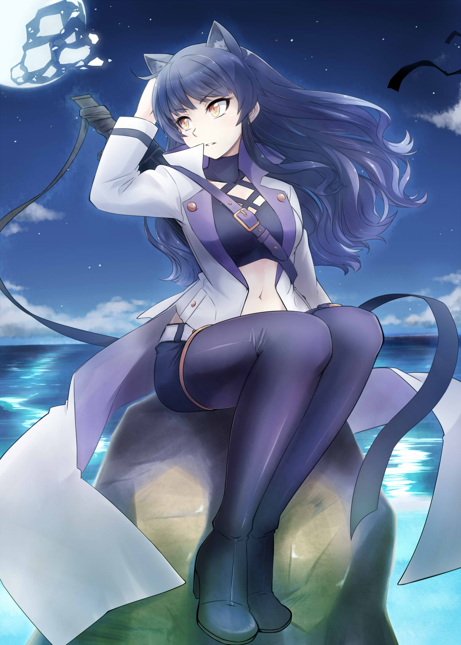 1girl animal_ears black_footwear black_shorts blake_belladonna blue_hair cat_ears crop_top eyebrows_visible_through_hair floating_hair full_body hand_on_head highres ishikane_aoi jacket long_hair midriff navel night ocean open_clothes open_jacket outdoors parted_lips rwby shiny shiny_clothes short_shorts shorts sky solo star_(sky) starry_sky stomach white_jacket yellow_eyes