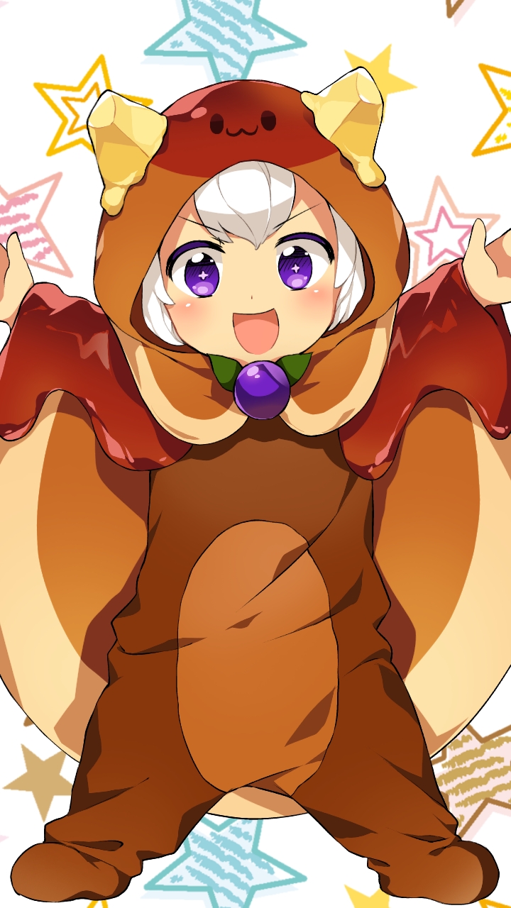 +_+ 1girl :3 :d arms_up bangs blush brown_cape butter caramell0501 character_request cookie_run eyebrows_visible_through_hair food food_themed_clothes highres hood hood_up long_sleeves looking_at_viewer open_mouth outstretched_arms short_hair smile solid_oval_eyes solo spread_arms star starry_background v-shaped_eyebrows violet_eyes white_background white_hair