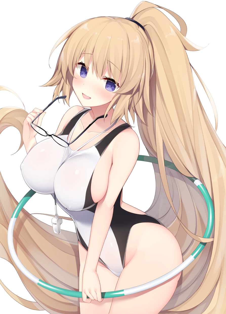 1girl black-framed_eyewear blonde_hair blue_eyes blush competition_swimsuit eyewear_removed fate/grand_order fate_(series) glasses highres holding holding_eyewear hoop hula_hoop jeanne_d'arc_(fate)_(all) jeanne_d'arc_(swimsuit_archer) long_hair looking_at_viewer miko_92 one-piece_swimsuit open_mouth ponytail simple_background smile solo swimsuit very_long_hair whistle whistle_around_neck