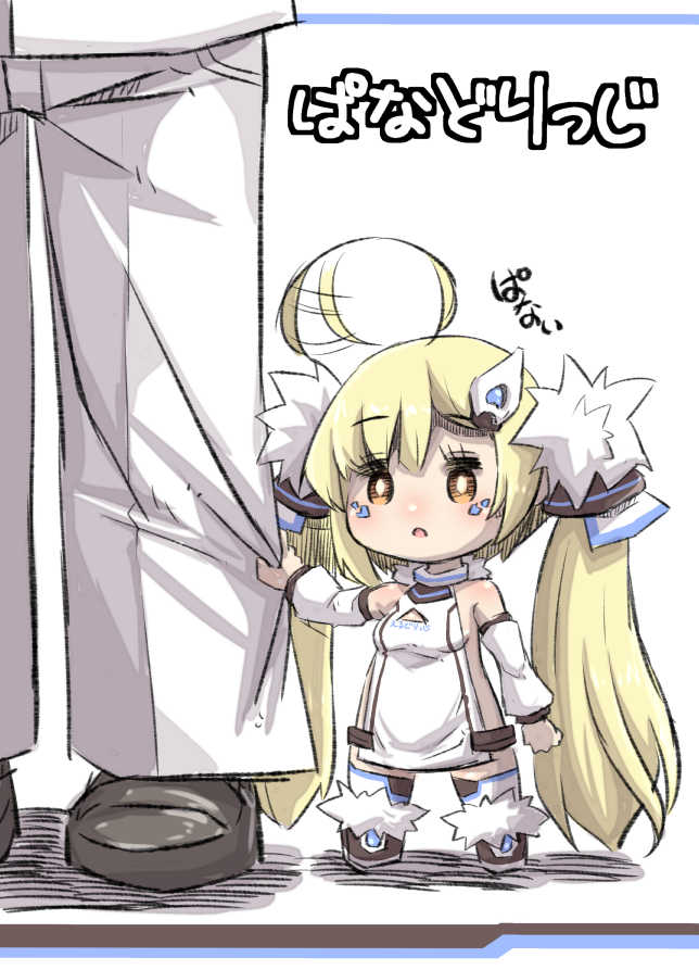 1girl :o afterimage ahoge ahoge_wag azur_lane bangs blonde_hair blush breasts brown_eyes brown_footwear commentary_request detached_sleeves dress eldridge_(azur_lane) expressive_hair eyebrows_visible_through_hair facial_mark fur-trimmed_boots fur_trim hair_between_eyes hair_ornament loafers long_hair long_sleeves minigirl pants parted_lips puffy_long_sleeves puffy_sleeves shadow shoes sleeveless sleeveless_dress small_breasts solo_focus standing thigh-highs thighhighs_under_boots translated twintails u-non_(annon'an) very_long_hair white_background white_dress white_legwear white_pants white_sleeves