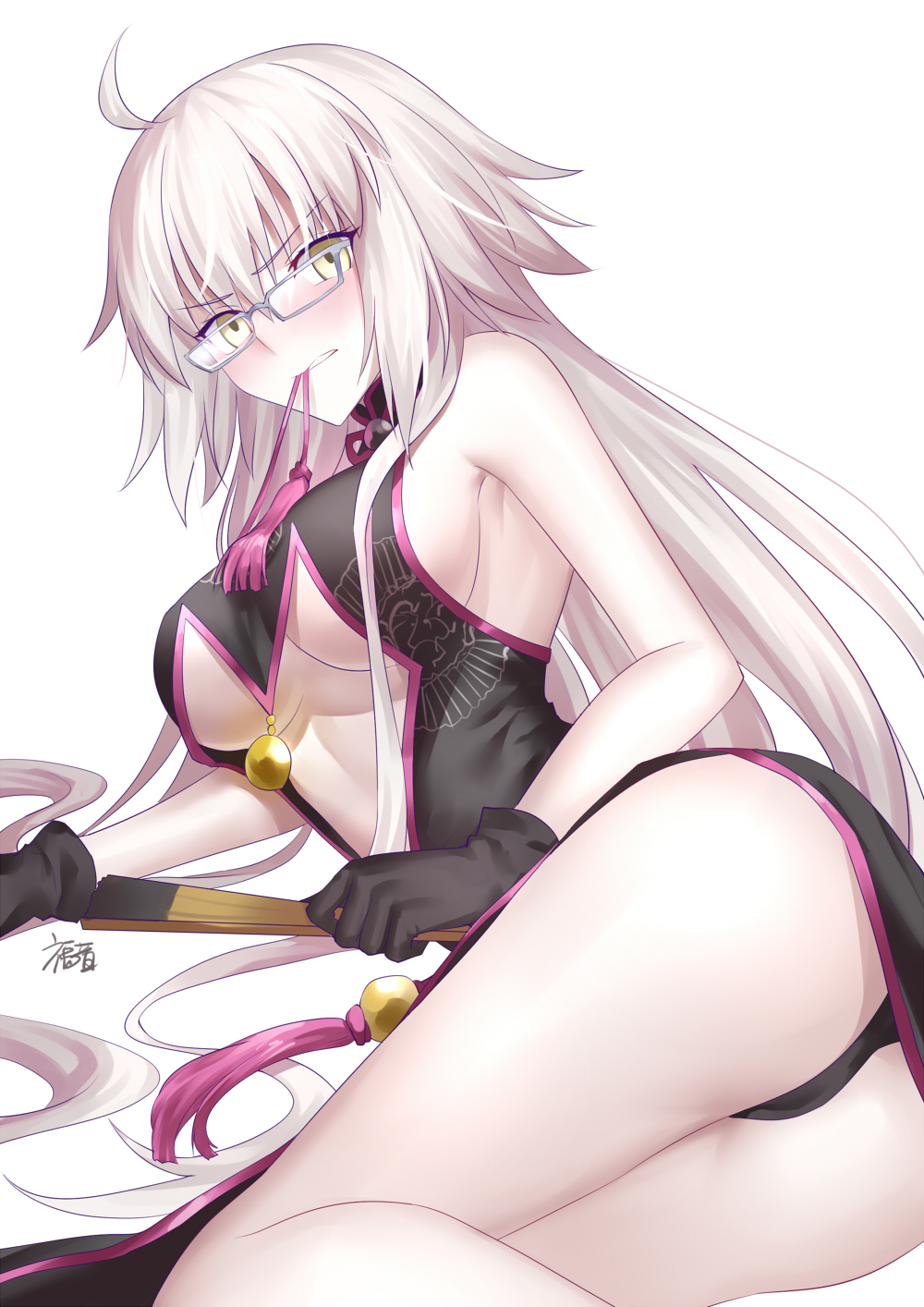 1girl ahoge armpits ass bare_legs bare_shoulders bespectacled black_dress black_gloves blush breasts center_opening china_dress chinese_clothes cleavage commentary_request cosplay dress earrings eyebrows eyebrows_visible_through_hair eyelashes eyelashes_visible_through_hair fan fate/grand_order fate_(series) glasses gloves gogatsu_fukuin highres jeanne_d'arc_(alter)_(fate) jeanne_d'arc_(fate)_(all) jewelry koyanskaya koyanskaya_(cosplay) large_breasts legs legs_together long_hair looking_at_viewer lying mouth_hold on_side ribbon side_slit sideboob silver_hair solo thighs tsurime underboob very_long_hair yellow_eyes