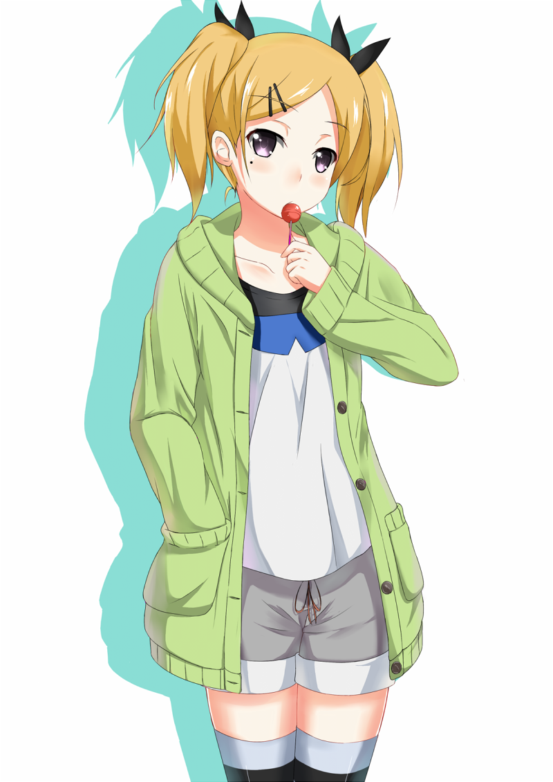 1girl bangs black_bow blonde_hair bow candy cardigan collarbone cowboy_shot flat_chest food green_cardigan grey_shorts hair_bow hair_ornament hairclip hand_in_pocket hg---ay lollipop looking_at_viewer mole mole_under_eye open_cardigan open_clothes parted_bangs shadow shiny shiny_hair shirobako shirt short_shorts shorts simple_background solo standing thigh-highs twintails violet_eyes white_background yano_erika zettai_ryouiki