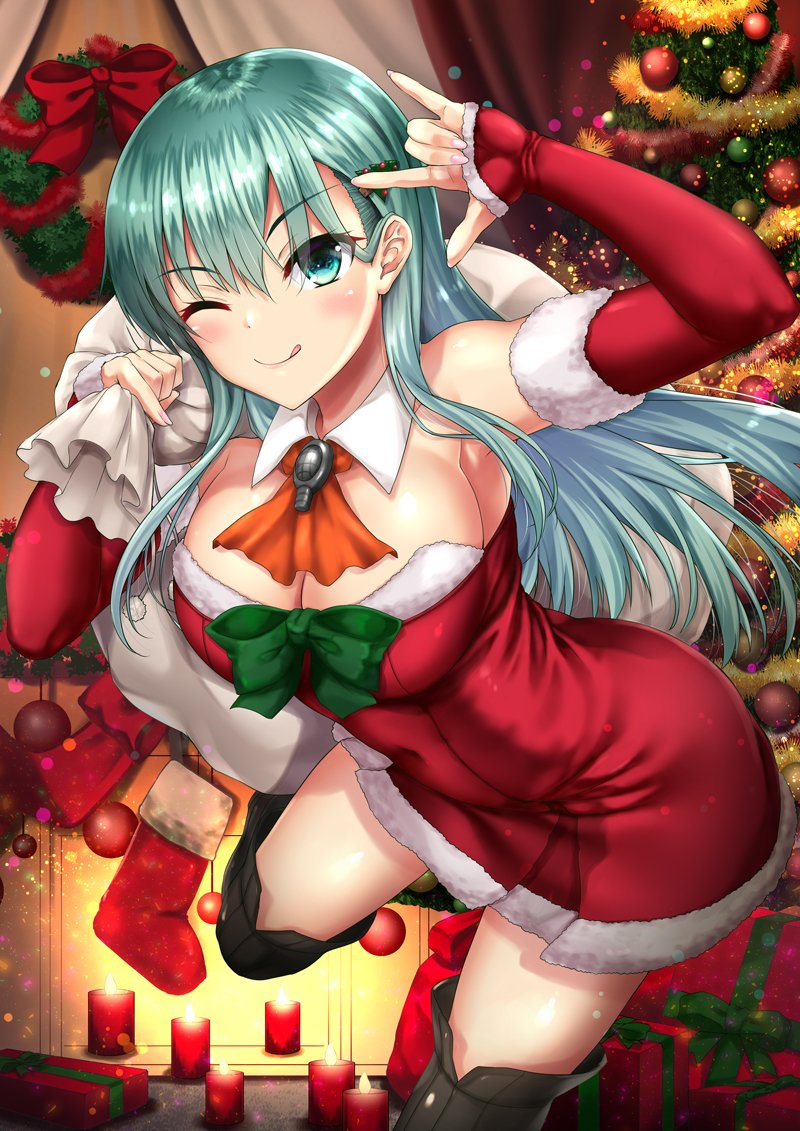 1girl ;q akizuki_akina aqua_eyes aqua_hair armpits black_footwear blush boots breasts candle candlelight christmas christmas_tree commentary_request detached_collar detached_sleeves dress eyebrows_visible_through_hair fur-trimmed_dress gift hair_ornament hairclip holding holding_sack indoors kantai_collection large_breasts leg_up long_hair looking_at_viewer nail_polish one_eye_closed pink_nails red_dress sack santa_costume smile solo star suzuya_(kantai_collection) thigh-highs thigh_boots thighs tongue tongue_out