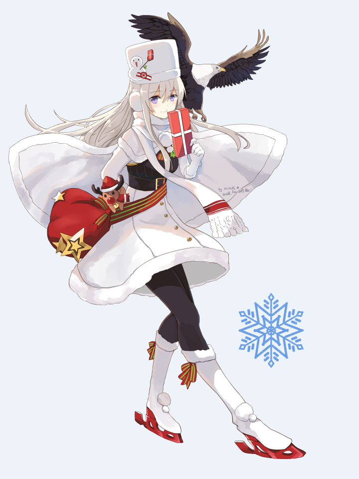 1girl arm_behind_back azur_lane bald_eagle bird boots capelet chinese_commentary christmas commentary_request dress eagle earmuffs enterprise_(azur_lane) eyebrows_visible_through_hair full_body gift hat kkkula_(kula) lavender_eyes leggings long_hair sack scarf silver_hair skates snowman_hair_ornament solo standing stuffed_animal stuffed_toy