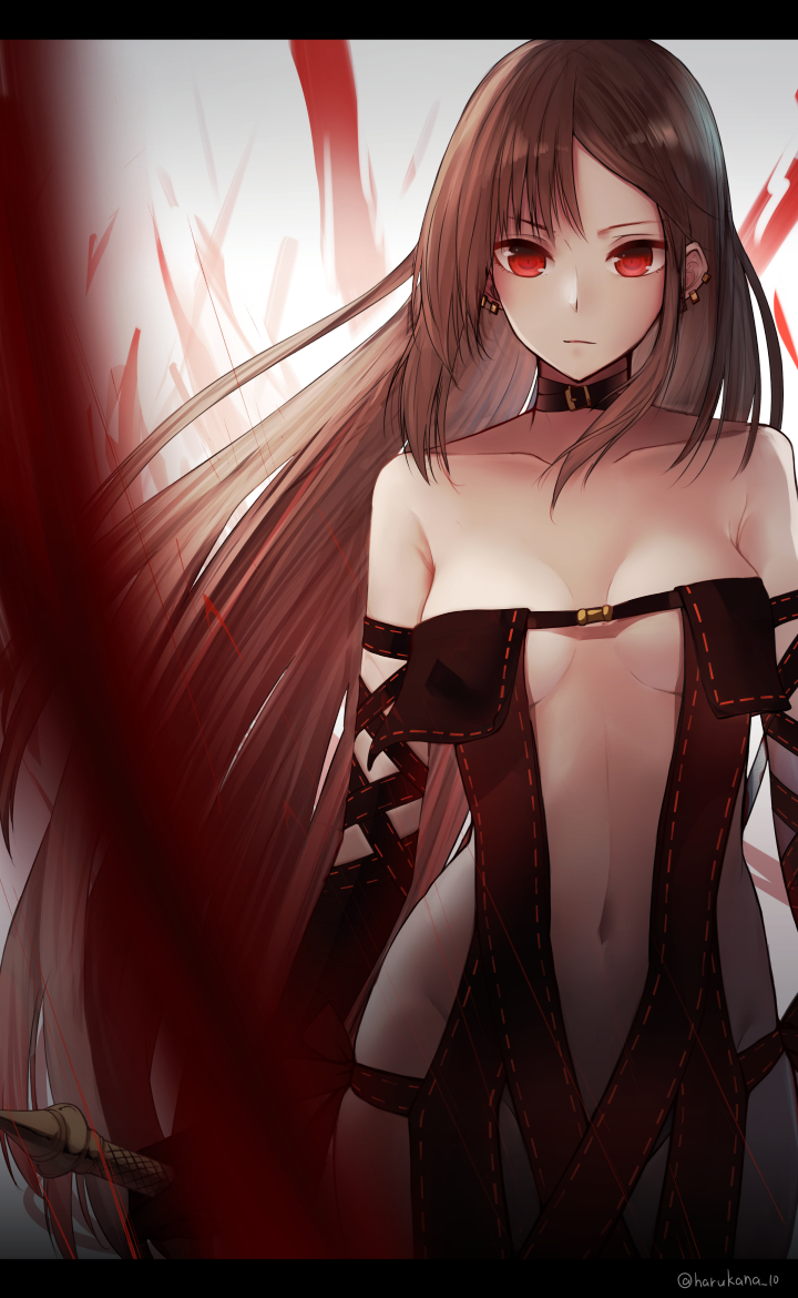 1girl artist_name bangs bare_shoulders black_collar black_dress black_gloves breasts brown_hair center_opening choker collarbone consort_yu_(fate) dress ear_piercing elbow_gloves expressionless fate/grand_order fate_(series) gloves harukana_(harukana_10) letterboxed long_hair looking_at_viewer medium_breasts navel piercing red_eyes solo strapless strapless_dress sword very_long_hair weapon wind