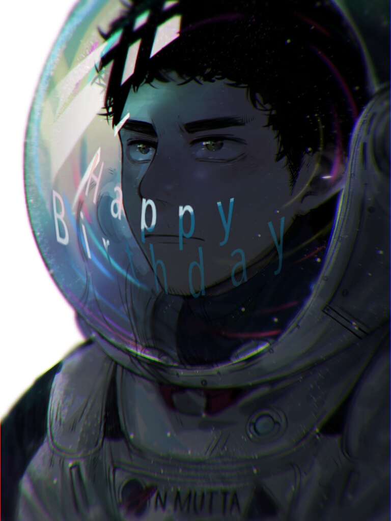 1boy :| black_hair brown_eyes character_name chromatic_aberration closed_mouth eyebrows facial_hair green_eyes happy_birthday looking_away male_focus nakkamonakkamo nanba_mutta portrait reflection solo spacesuit standing stubble uchuu_kyoudai white_background