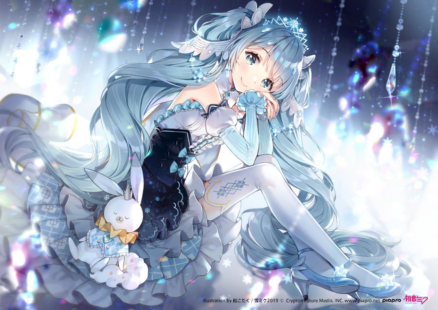 1girl :3 ancotaku artist_name bangs bare_shoulders blue_eyes blue_hair blue_ribbon brooch commentary_request corset crown curly_hair detached_sleeves dress earrings elbows_on_knees frilled_skirt frills full_body hair_ornament hands_on_own_cheeks hands_on_own_face hatsune_miku jewelry layered_skirt long_hair looking_at_viewer mini_crown rabbit ribbon sidelocks sitting skirt sleeveless sleeveless_dress smile solo stuffed_animal stuffed_toy thigh-highs tiara twintails very_long_hair vocaloid white_legwear yuki_miku yukine_(vocaloid)