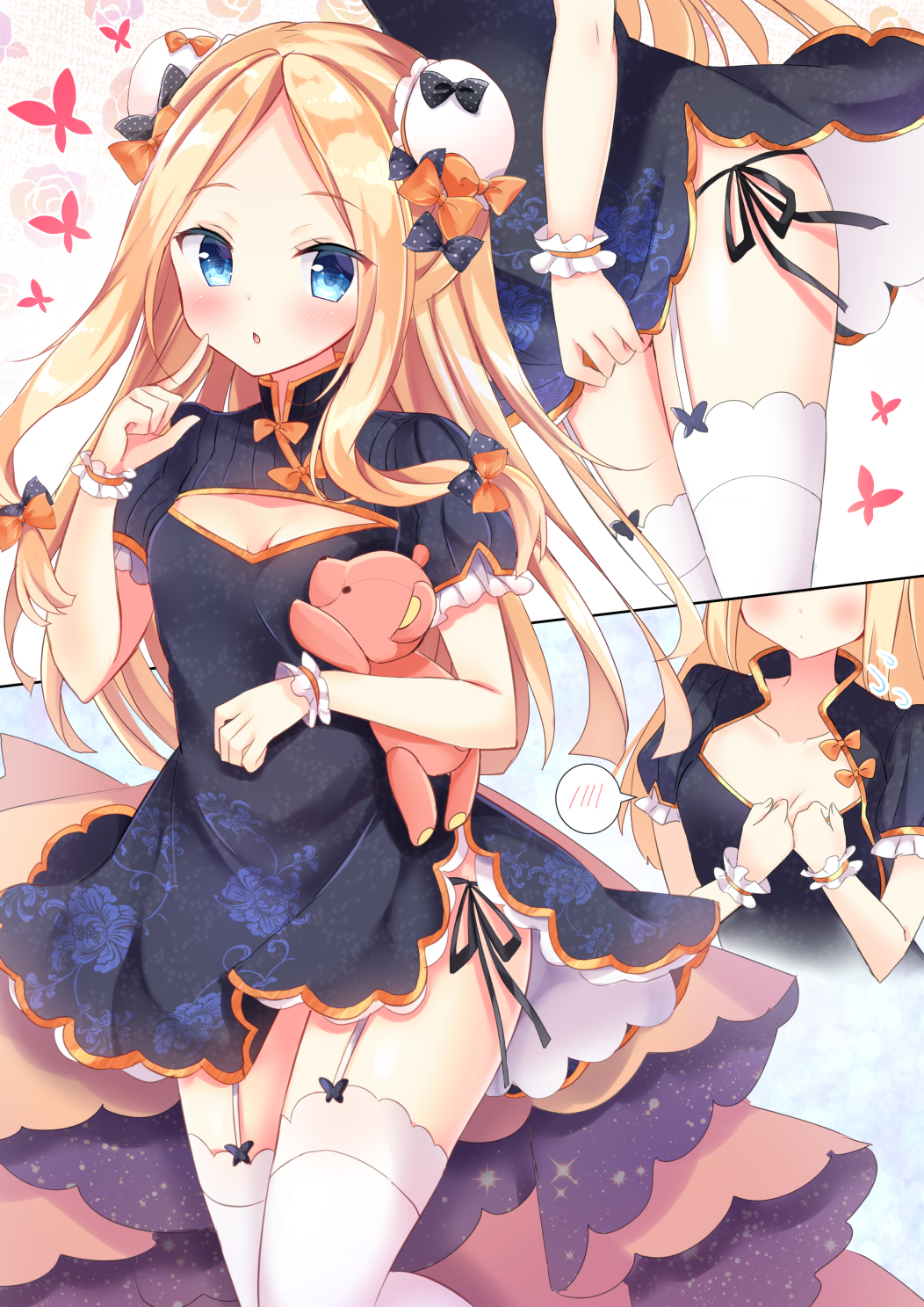 1girl abigail_williams_(fate/grand_order) alternate_costume bangs black_bow black_dress black_panties blonde_hair blue_eyes blush bow breasts bug bun_cover butterfly china_dress chinese_clothes cleavage_cutout collarbone double_bun dress fate/grand_order fate_(series) forehead garter_straps hair_bow highres hips holding holding_stuffed_animal index_finger_raised insect long_hair looking_at_viewer masayo_(gin_no_ame) open_mouth orange_bow panties parted_bangs polka_dot polka_dot_bow puffy_sleeves side-tie_panties simple_background small_breasts stuffed_animal stuffed_toy teddy_bear thigh-highs thighs underwear white_background white_legwear wrist_cuffs