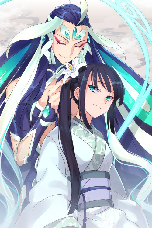 black_hair cis05 closed_eyes fate/grand_order fate_(series) flower forehead_jewel green_eyes hair_flower hair_ornament japanese_clothes jing_ke_(fate/grand_order) kimono long_hair multicolored_hair qin_shi_huang_(fate/grand_order) side_ponytail smile two-tone_hair