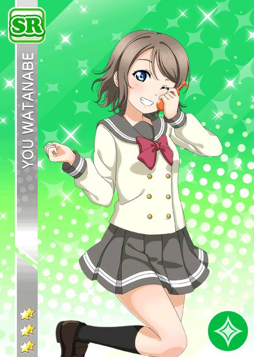 blue_eyes blush character_name grey_hair love_live!_school_idol_festival love_live!_sunshine!! school_uniform short_hair smile watanabe_you wink