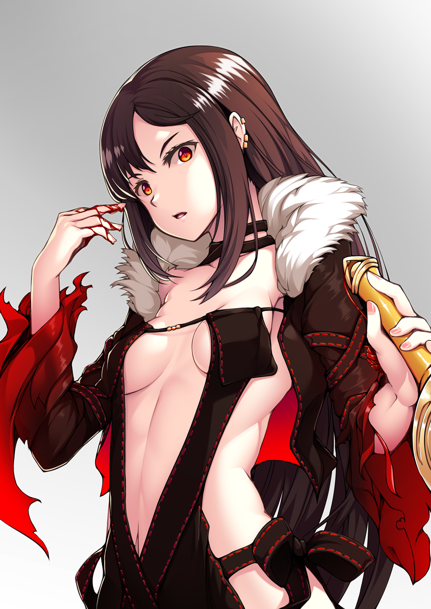 1girl arata bangs black_dress black_jacket blood bloody_hands breasts consort_yu_(fate) dress ear_piercing fate/grand_order fate_(series) fur-trimmed_jacket fur_trim highres jacket long_hair long_sleeves looking_at_viewer medium_breasts navel open_clothes open_jacket open_mouth orange_eyes piercing slit_pupils solo strapless strapless_dress sword very_long_hair weapon
