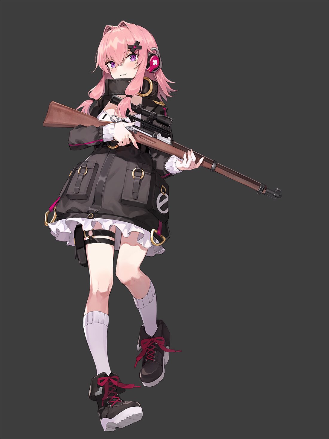 1girl aiko_(kanl) bangs belt_pouch black_footwear black_jacket black_skirt blush bolt_action cropped_jacket cross-laced_footwear eyebrows_visible_through_hair frills full_body girls_frontline grey_background gun hair_between_eyes hair_intakes hair_ornament headphones highres holding holding_gun holding_weapon jacket k31 k31_(girls_frontline) kneehighs long_hair long_sleeves looking_at_viewer low-tied_long_hair miniskirt negative_space official_art parted_lips pink_hair pouch rifle scope shoes sidelocks simple_background skirt smile sneakers sniper_rifle solo thigh_strap violet_eyes weapon white_legwear x_hair_ornament