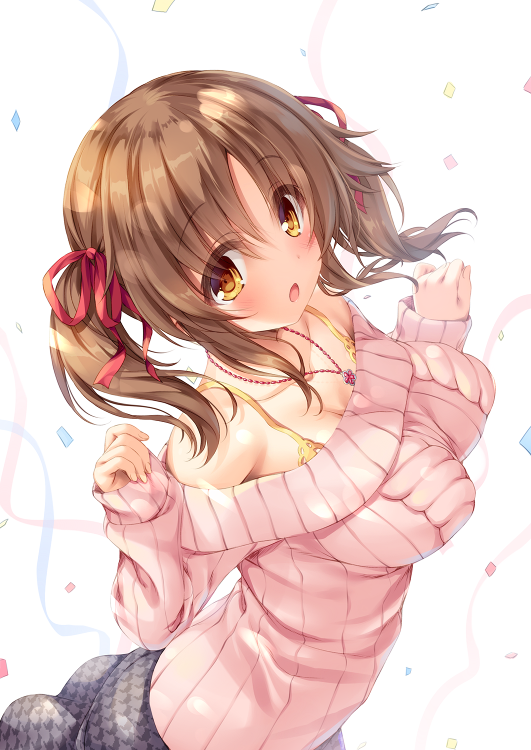 1girl :o aran_sweater bangs blush breasts brown_eyes brown_hair collarbone commentary_request confetti eyebrows_visible_through_hair fingernails from_above grey_skirt hair_between_eyes hair_ribbon hands_up highres idolmaster idolmaster_cinderella_girls jewelry large_breasts long_sleeves looking_at_viewer looking_up mikagami_mamizu off-shoulder_sweater open_mouth pendant pink_sweater red_ribbon ribbed_sweater ribbon sidelocks skirt sleeves_past_wrists solo streamers sweater totoki_airi twintails white_background